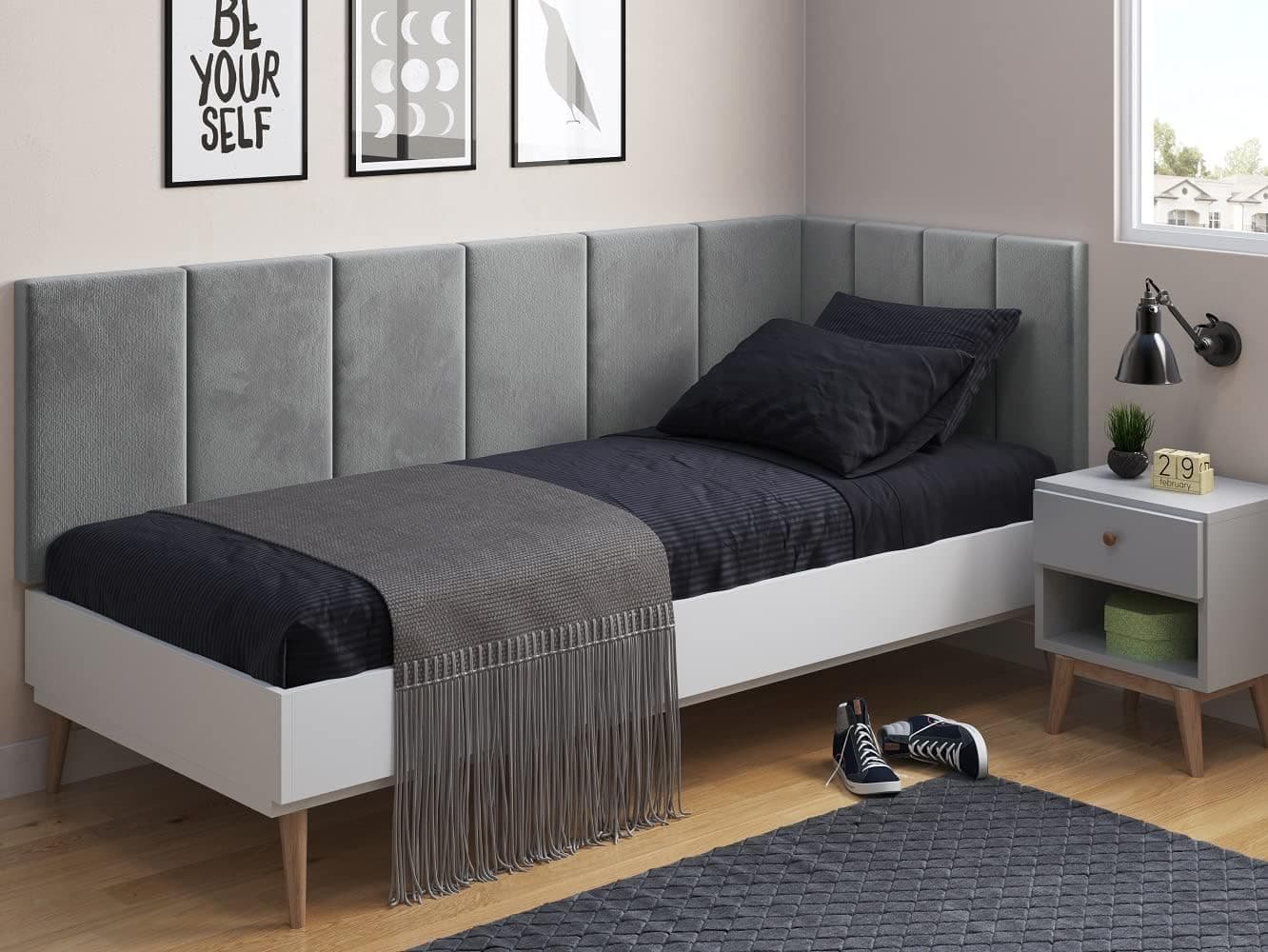 Cabeceira Estofada em L Solteiro 195 x 55 cm Suede Cinza